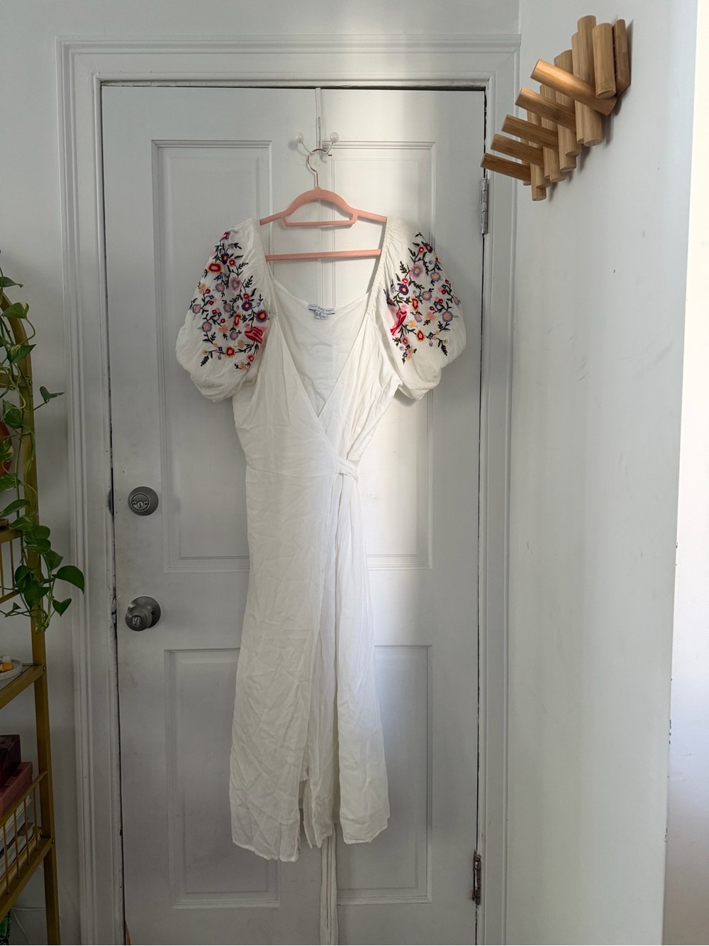 NFD White Wrap Dress with Floral Embroidered Puff Sleeves
